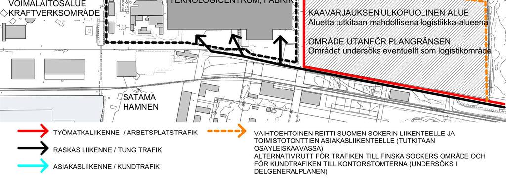 Från de närmaste bostadshusen är det ca 45 meter till de närmaste kontorsbyggnaderna som planen möjliggör och ca 130 meter till fabriksbyggnaden. 4.5.3 Dimensionering I detaljplanen anvisas en byggrätt på totalt 101 500 m² vy, varav 33 500 m² vy för kontorsbyggnader och 68 000 m² vy för industribyggnader.