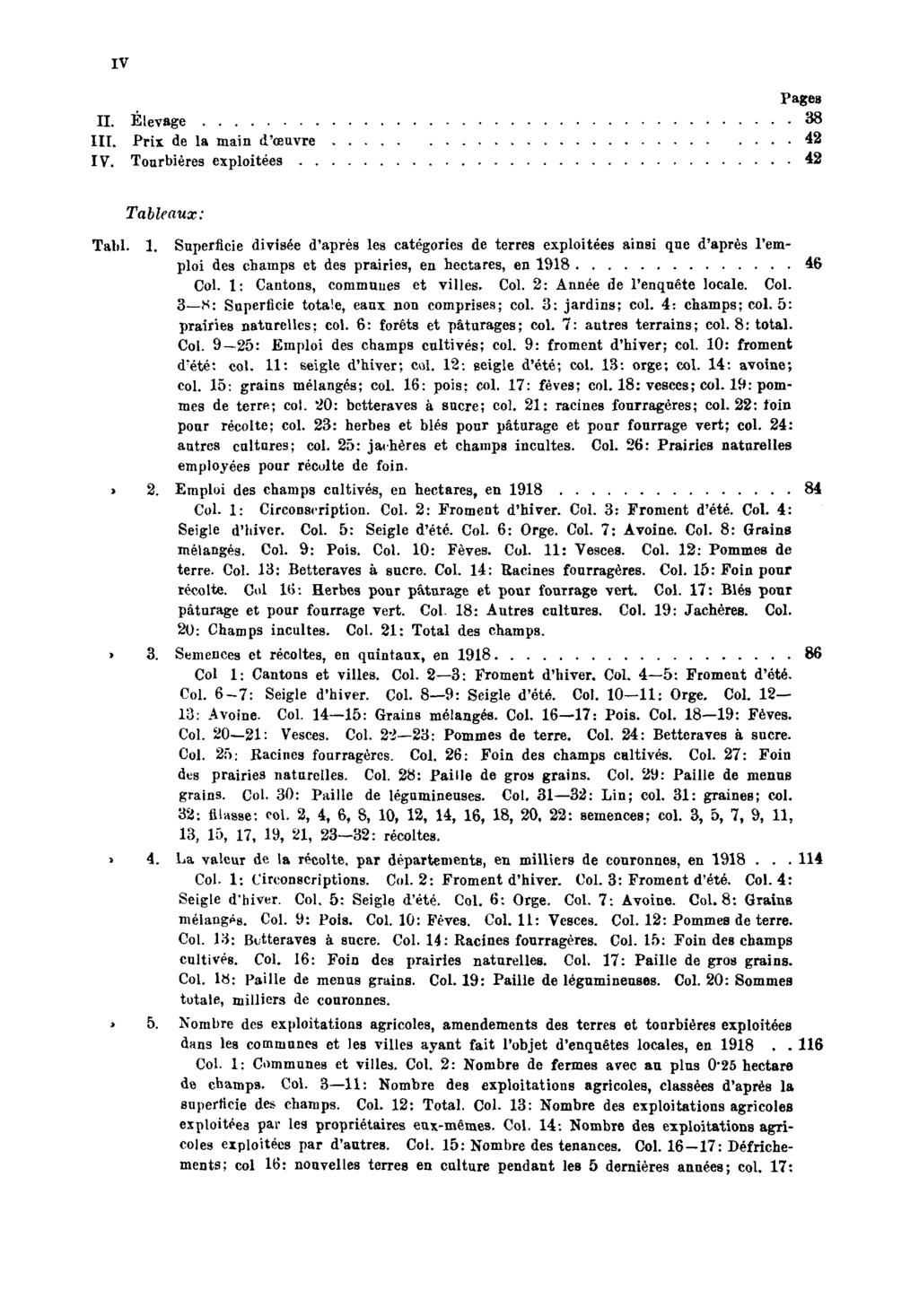IV Pages II. Élevage 38 III. Prix de la main d'œuvre 42 IV. Tourbières exploitées 42 Tableaux: Tabl. 1.