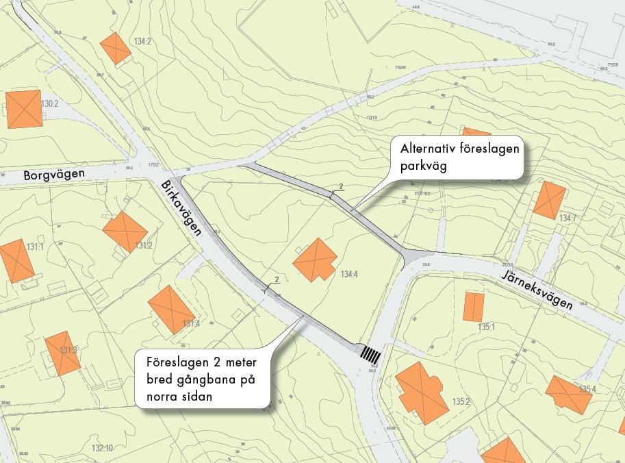 En 2 meter bred gångbana föreslås anläggas på norra sidan av vägen, söder om Borgvägen, för att på ett bra sätt ansluta till den befintliga gångbanan.