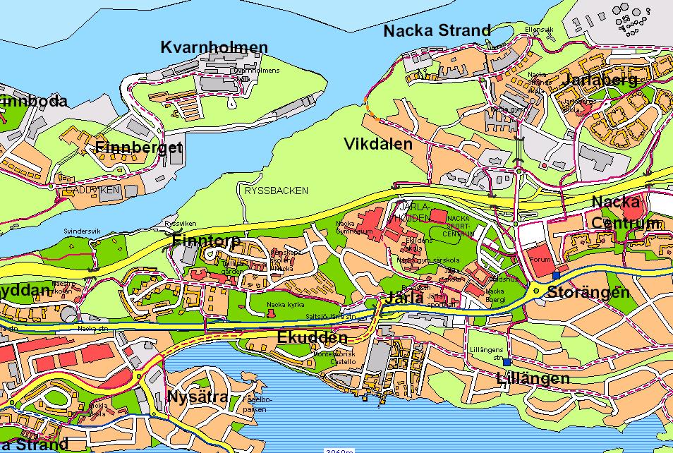 Figur 2.1. Nackas cykelkarta. Rödstreckad linje = cykelförbindelse på väg/gata, heldragen röd linje = cykelbanor/cykelfält, heldragen blå linje = regionala cykelstråk.