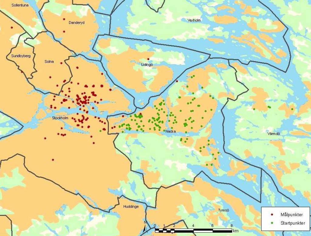 Figur 2.2. Start- och målpunkter för de intervjuade cyklisterna (källa: Resvanor i Nacka och Värmdö undersökningar av cyklister och infartsparkerare, Trivector 2008). 3.