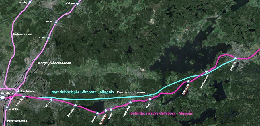 Figur 1 Schematisk skiss över möjlig linjedragning för ett nytt dubbelspår mellan Göteborg och Alingsås. 2.