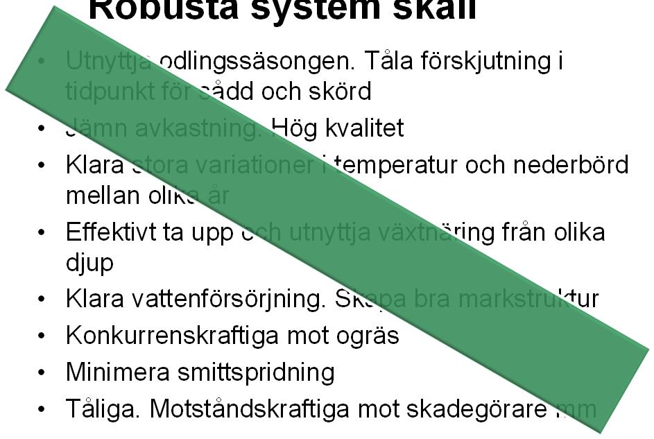 Robusta system skall Utnyttja odlingssäsongen. Tåla förskjutning i tidpunkt för sådd och skörd Jämn avkastning.