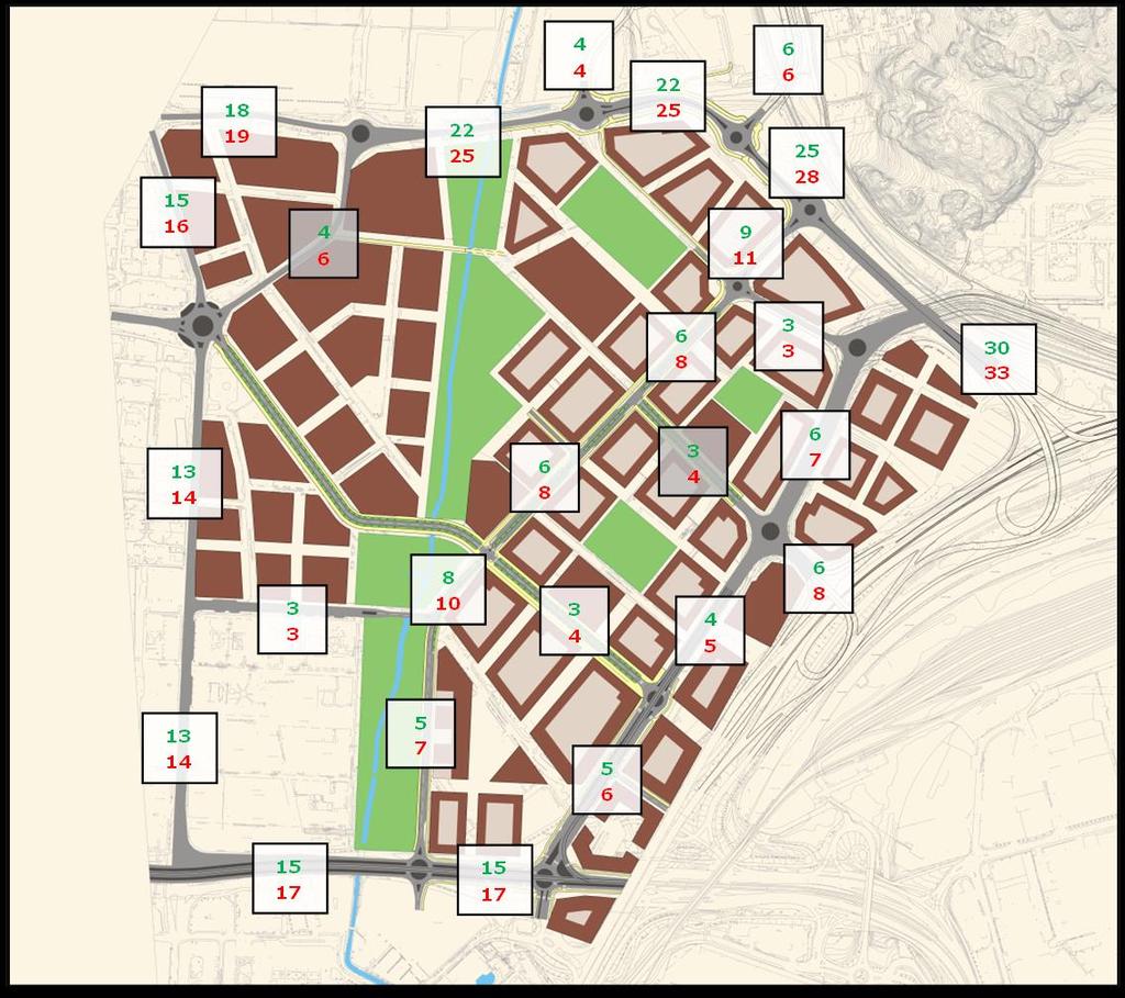 Figur 5 Uppskattning av trafikflöden i 1000-tal fordon (grönt visar lågt scenario och rött visar hög scenario).