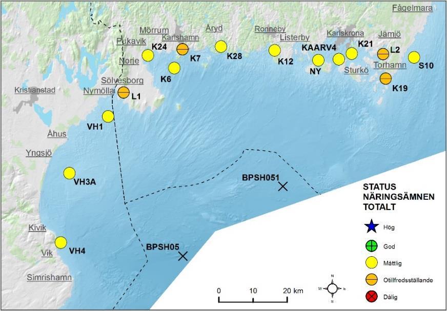 Medins Havs- och Vattenkonsulter AB Figur 7. Statusklassning av den sammanvägda totala mängden näringsämnen i ytvattnet ( 5 m) år 1.