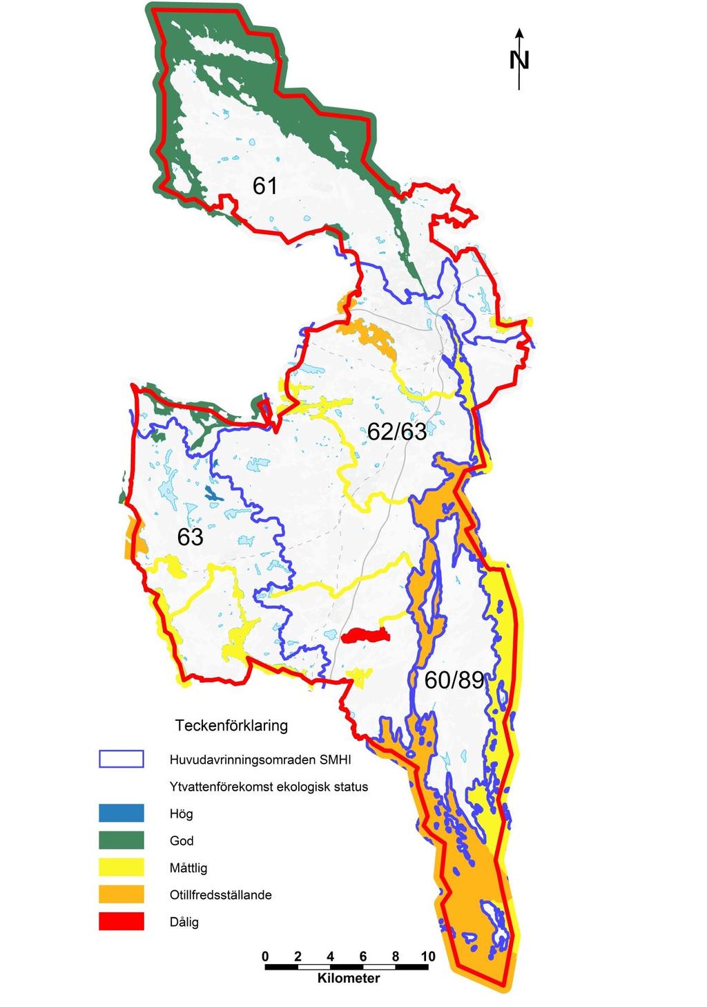 Figur 3. Vattenförekomster med ekologisk status samt huvudavrinningsområden i Södertälje kommun.