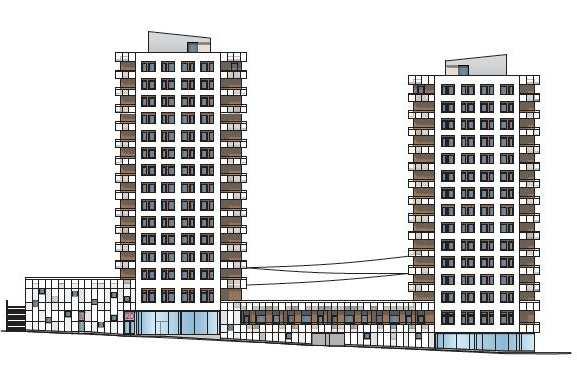 Sockeln innehåller kommersiella lokaler, bostadsentréer och bostadskomplement mot gatan och det norra bostadshuset innehåller en förskola i anslutning till terrass och park.