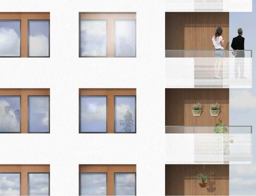 plåt. Fönstren är delade så att det finns ett lågt sittande vädringsfönster som kan öppnas mot balkongen utan att störande buller tränger in i
