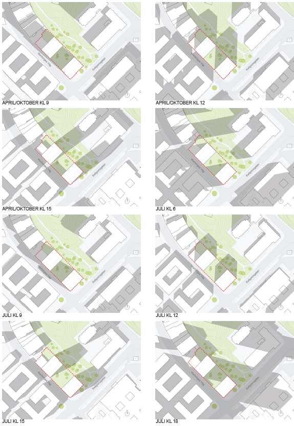 8 (13) Dp 2010-09594-54 Solstudier (Rosenbergs Arkitekter) Solstudier visar hur den nya bebyggelsen skuggar parken och bostadshusen på andra sidan Warfvinges Väg i april och oktober, morgon kl 9,