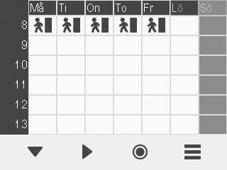 STYR LUFTVÄRMAREN Exempel på inställning av ett veckoschema I detta exempel installerar du följande veckoschema: Må fre kl. 8 17 är du borta hemifrån. Må fre kl. 17 7 är du hemma. Lö kl.