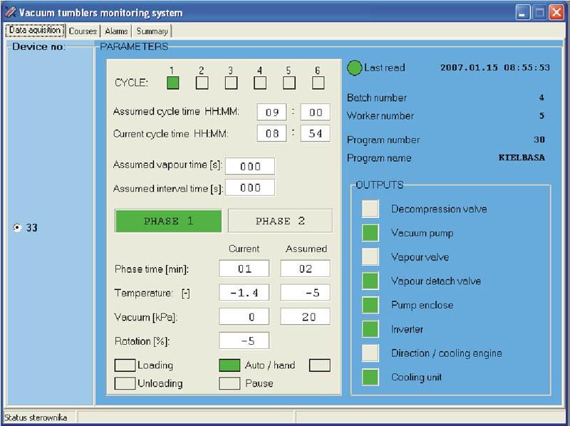 SCADA Övervakningssystem Gör det möjligt att övervaka driften av snabbhackar, vakuumtumlare, kok/rökskåp.