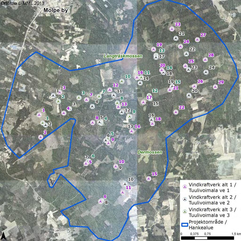 FCG DESIGN OCH PLANERING AB MILJÖKONSEKVENSBESKRIVNING 72 (263) Figur 13.1. Vindkraftverken har i alla alternativen huvudsakligen placerats på ekonomiskogsområden. Tabell 13.1. Växtligheten på byggplatserna på Molpe-Petalax projektområde (max 29 st.