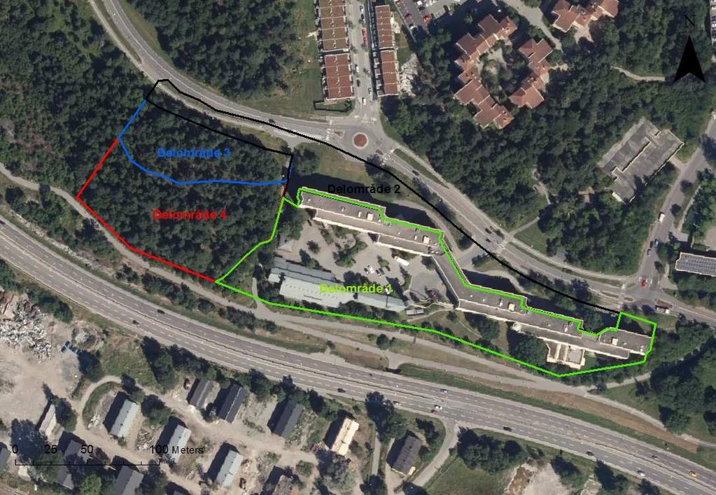 2.3 Områdesindelning För att underlätta redovisningen och för att lättare kunna föreslå platsspecifika dagvattenlösningar har planområdet delats in i fyra delområden, se Figur 2-2.