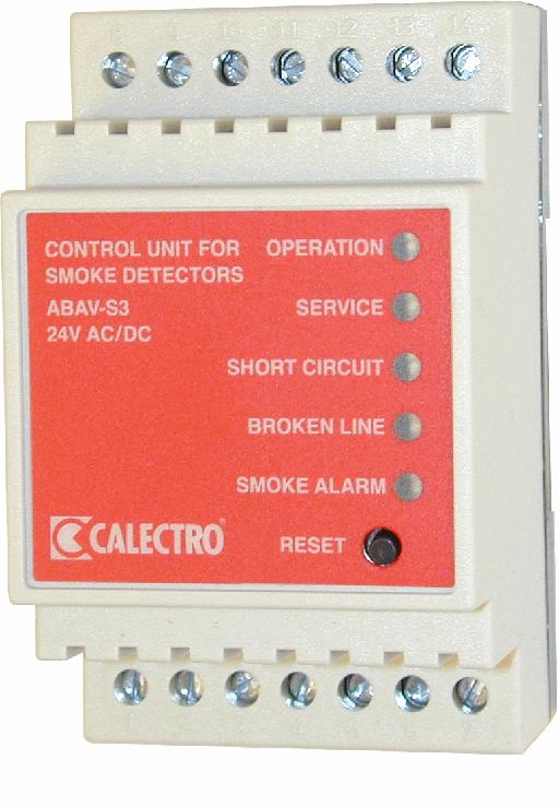 Styrenhet för rökdetektorer ABAV-S3 Rökdektorer ansluts till ett rökdetektorsenhet, av typen ABAV-S3, som tillhandahåller viktig information om rökdetektorernas funktion och status.