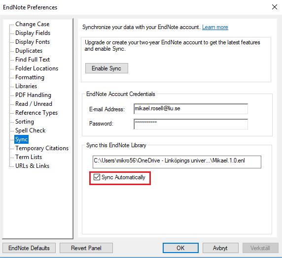 Synkronisera ditt bibliotek med EndNote Online 1. I EndNote Desktop, välj Edit Preferences Sync. 2.