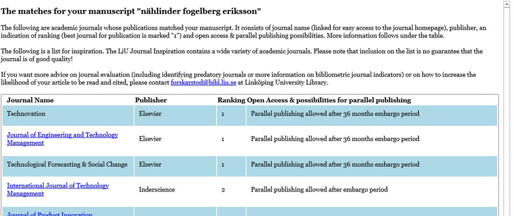 Johanna Nählinder, Publiceringens infrastruktur, LiUB LiU Journal