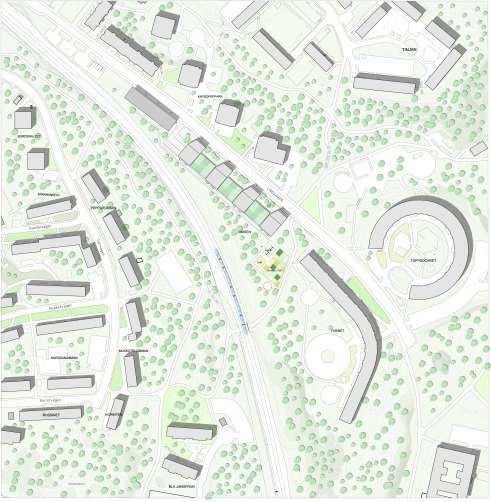 Kv. Anisen, Lingvägen, Hökarängen Markvibrationer från tunnelbanan Bild visar situationsplan för nya