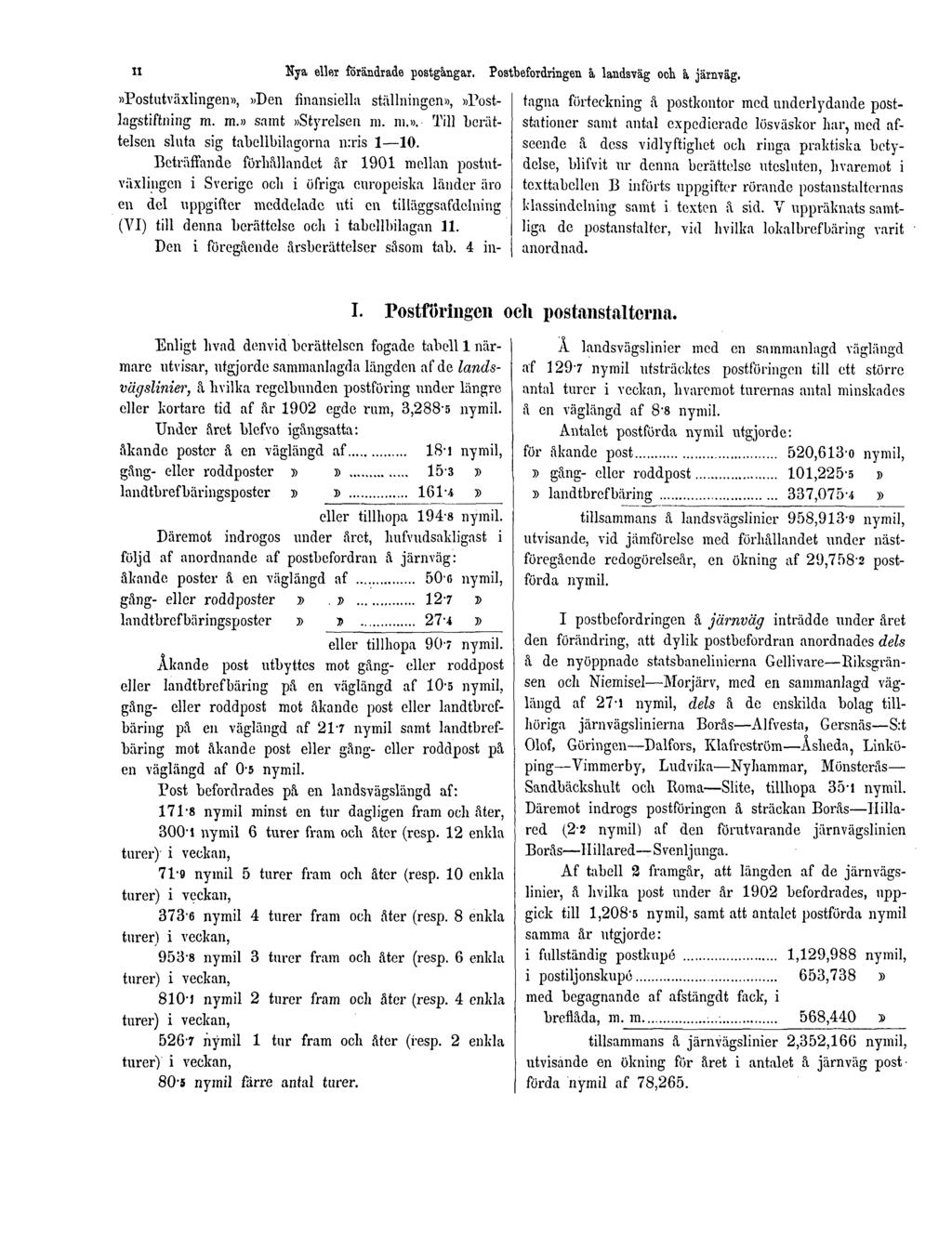 II Nya eller förändrade postgångar. Postbefordringen å landsväg och å järnväg.»postutväxlingen»,»den finansiella ställningen»,»postlagstiftning m. m.» samt»styrelsen ni. ni.». Till "berättelsen sluta sig tabellbilagorna n:ris 1 10.