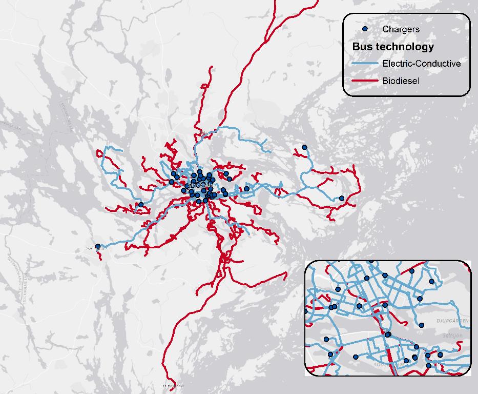 Resultat kostnadsoptimisering 42 electric routes 59 chargers Källa: Xylia et al., 2017.