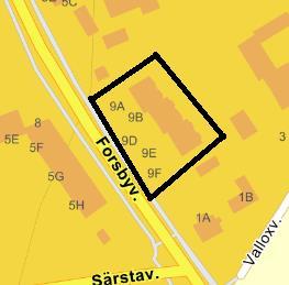 6.5 Forsbyvägen De bostäder som undersöktes på Forsbyvägen är en länga med nr 9A-9F, figur 85 nedan är en karta över området. Figur 85: Karta över Forsbyvägen. Källa: eniro.se 6.5.1 Metod Åtkomst till vinden erhölls via en vindslucka inifrån.