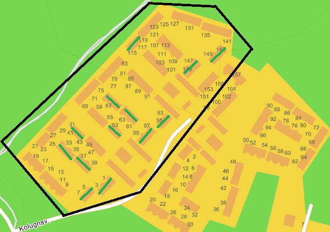 6.8 Kolugnsvägen De bostäder som skulle undersökas var Kolugnsvägen 1 155 vilket är de som är inringade i figur 98 nedan.