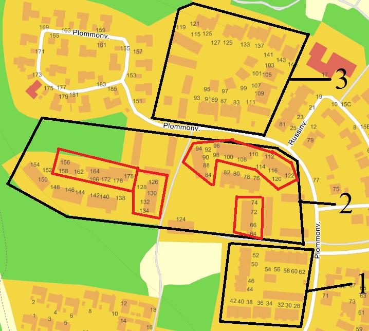 6.10 Plommonvägen Plommonvägen består av flertalet radhuslängor och för enkelhetens skull kommer områdena delas upp och presenteras enligt figur 123 nedan.