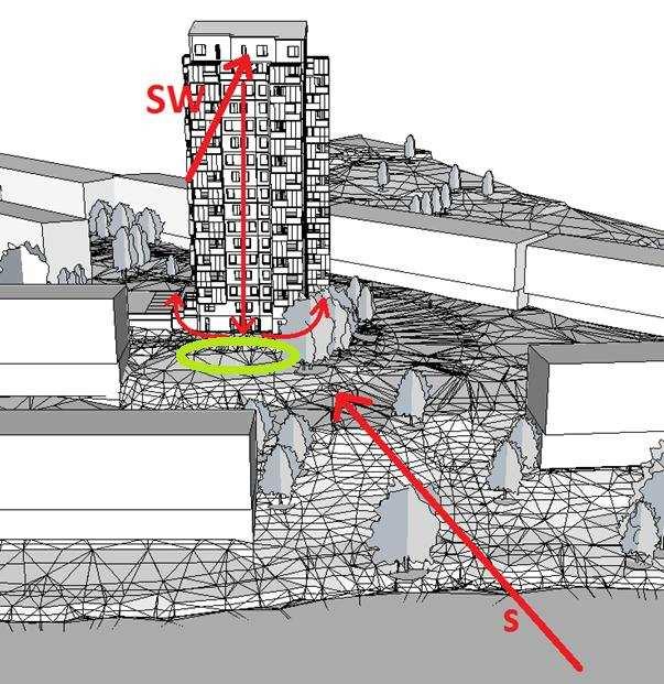 Figur 10. Byggnaden sedd från sydväst. Uteplatsens placering är markerad med en grön cirkel.