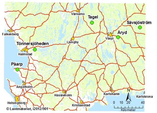 MATERIAL OCH METODER Försökslokaler Försöket lades ut i två perioder, 12 och 13, på fem lokaler i södra Sverige (Figur 2) varav ytan i Påarp var på tidigare åkermark (Tabell 1). Figur 2.