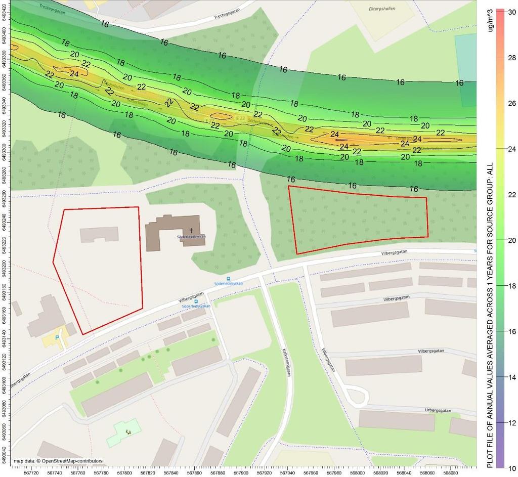 4.2.2 PM 10 Årsmedelvärden Figur 10. Nuvarande situation, beräknade halter av partiklar (PM 10) som årsmedelvärden. Planområdena markeras med röd linje.