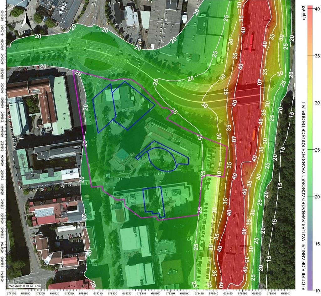 5 Resultat framtidsscenario, 2020 5.1 Kvävedioxid 5.1.1 Årsmedelvärde Figur 7.