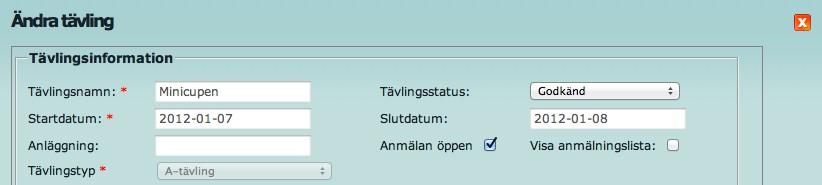 Öppna tävlingar för anmälan En tävling ska öppnas för anmälan senast 4 veckor före tävlingsstart. För att tävlande ska kunna anmälas till en tävling måste denna öppnas för anmälan.