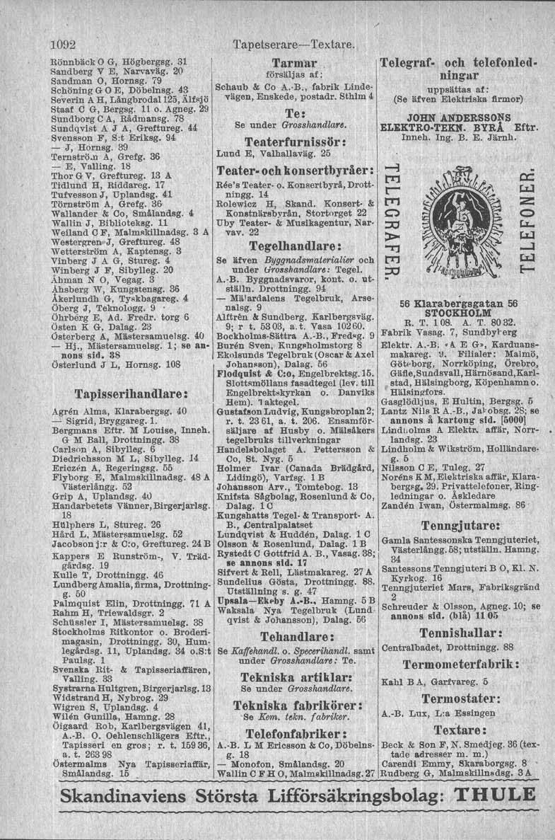 1092 Rönnbäck o G, Högbergsg. 31 Sandberg V E, NarvaviLg. 20 Sandman O, Hornsg. 79 Schöning G O E, Döbelnsg. 43 Severin A H, Längbrod a1125, Älfsjö Staaf C G, Bergsg. 11 o.