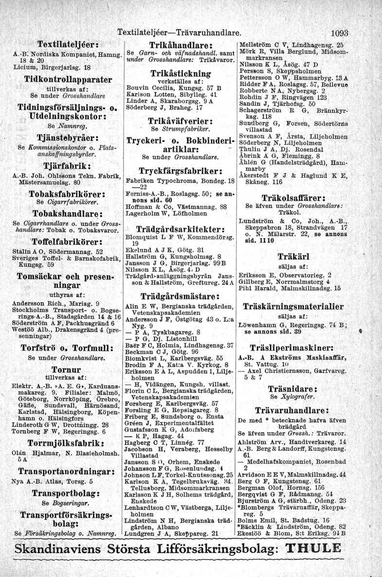 ".' Textilliteljeer: A.-H: No~dlska Kompaniet, Håmng, 18 & 20. \.Llcluni, Blrgerjarlsg. 1$. \ Tidkontrollapparater, tillverkas af: Se under Grosshandlare Tldningsförsäljnings- o.