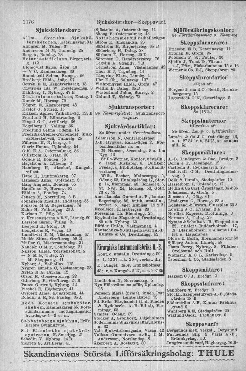 1076 Sjuksköterskor: Allm. Svenska Sjuksköterskefören., Katarinaväg. 9B Almgren M, Tuleg. 37 Andersson M M, Tunnelg. 25 Berg A, Bondeg. 23 B etan i a s tift els en, Birgerjarlsg.