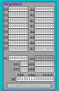 Simulatorns registerfönster Simulatorns registerfönster visar registeruppsättningen hos den använda mikroprocessorn (MC68340 för MC68 och MC68000 för MD68k), du upptäcker säkert de smärre