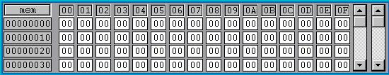 Simulatorns hantering av minnet Arbetsbok för MC68/MD68k Den simulerade datorn s minnesinnehåll kan visas i block om 64 bytes. Du ändrar visningsintervall med hjälp av scrollningslisterna till höger.
