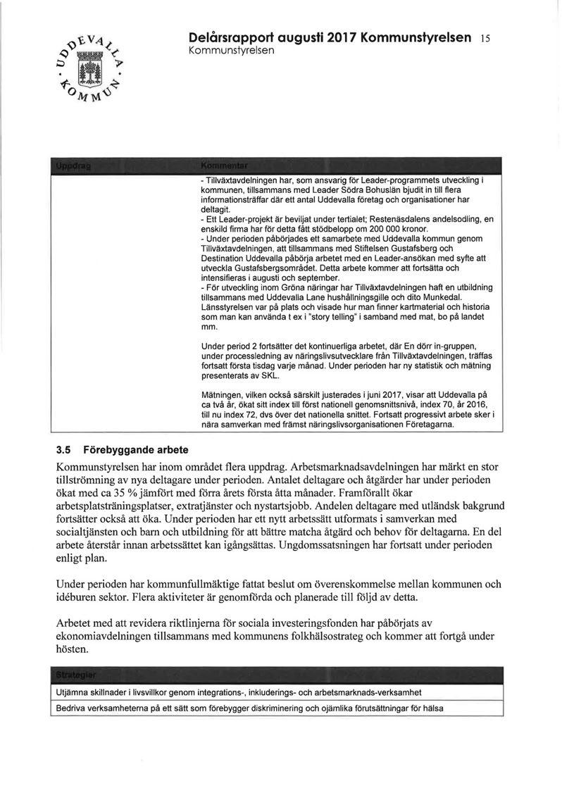 Delårsrapport augusti 2017 Kommunstyrelsen Is Kommunstyrelsen - Tillväxtavdelningen har, som ansvarig för Leader-programmets utveckling i kommunen, tillsammans med Leader Södra Bohuslän bjudit in