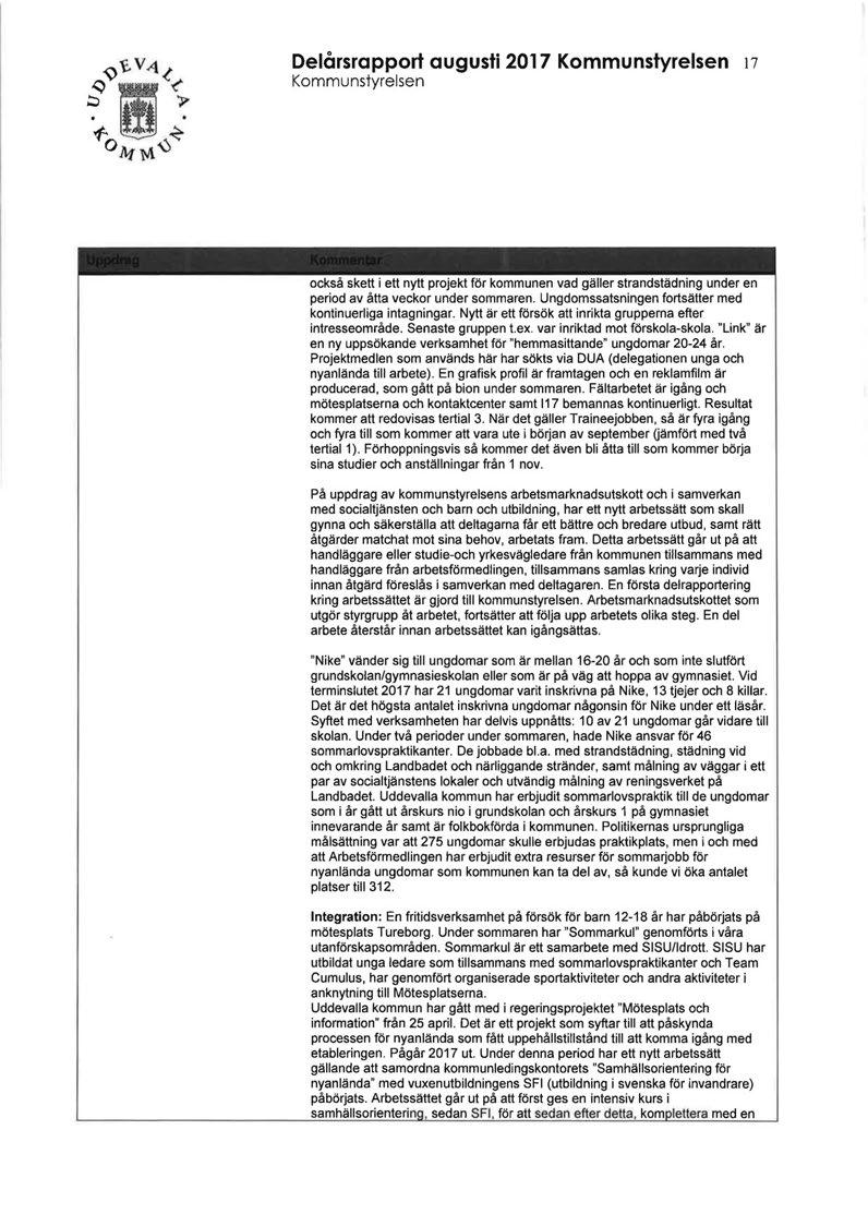 Delårsrapport augusti 2017 Kommunstyrelsen 17 Kommunstyrelsen också skett i ett nytt projekt för kommunen vad gäller strandstädning under en period av åtta veckor under sommaren.