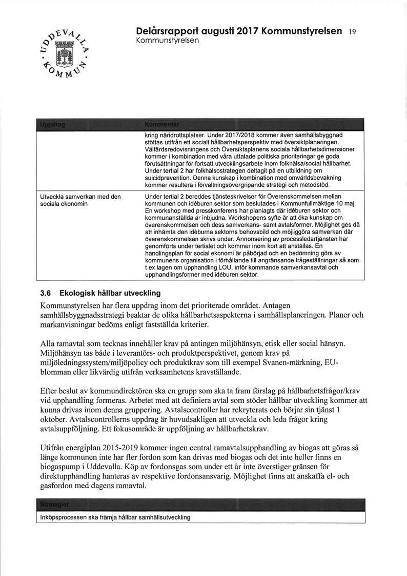 Delårsrapport augusti 2017 Kommunstyrelsen 19 Kommunstyrelsen kring näridrottsplatser.