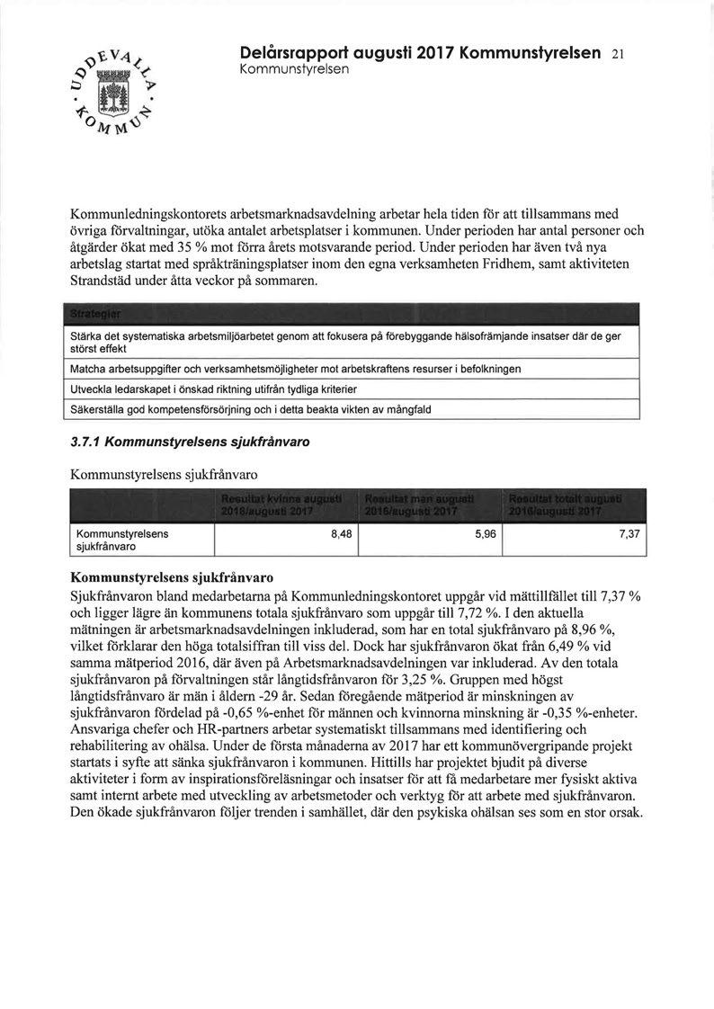 Delårsrapport augusti 2017 Kommunstyrelsen 21 Kommunstyrelsen Kommunledningskontorets arbetsmarknadsavdelning arbetar hela tiden för att tillsammans med övriga förvaltningar, utöka antalet