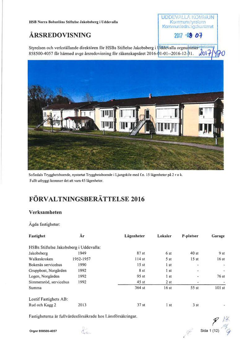 HSB Norra Bohusläns Stiftelse Jakobsberg i Uddevalla ÅRSREDOVISNING UDDEVl'ILLA KOrJHviUN Kornmuns!yreben Kommun!