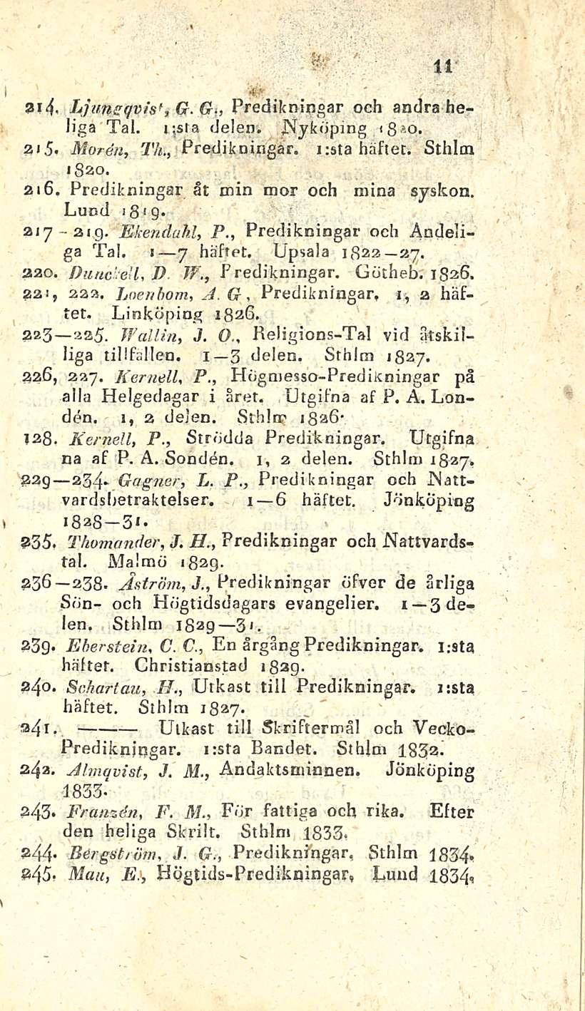 Utkast - 2ig. Predikningar, " 11 4 ' i' 2t4. LjunsqpisU G. (Sh, Predikningar och andraheliga Tai. i;sta delen. JNyköping i8»o. 2i5. Moren, TL, Predikningar. i;sta häftet. Sthlm 1820. 216.