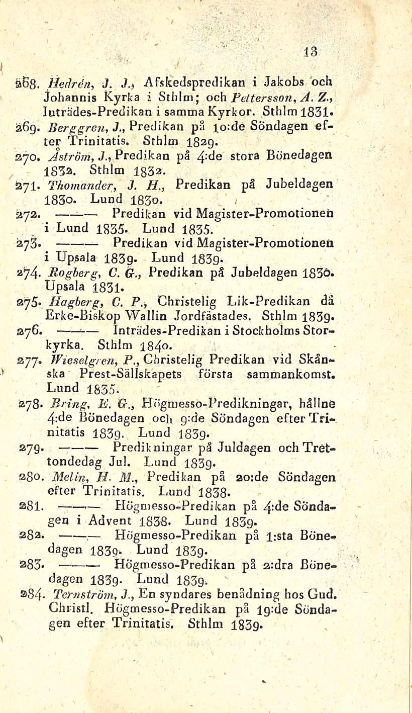 13,i iaßs. Hedrdn, 3. 3., Afskedspredikan i Jakobs och Johannis Kyrka i Stlilni; och Pettersson, A. Z., luträdes-predikan i samma Kyrkor. Sthlm 1831» 269. Berggren, 3.