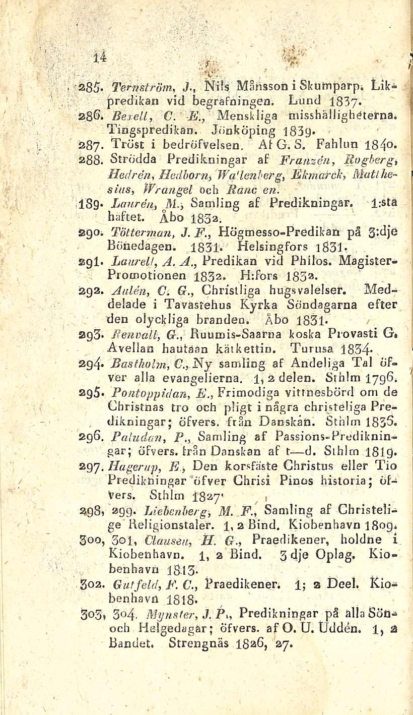 i 4 * '" K 285- Ternstrom, J-, Nils Månsson i Skumparp* Likpredikan vid begrafningen. Lund 183y. zgö. Bexell, C. E., Menskliga niisshälligheterna. Tingspredikan, JönkÖping 1839* 287.