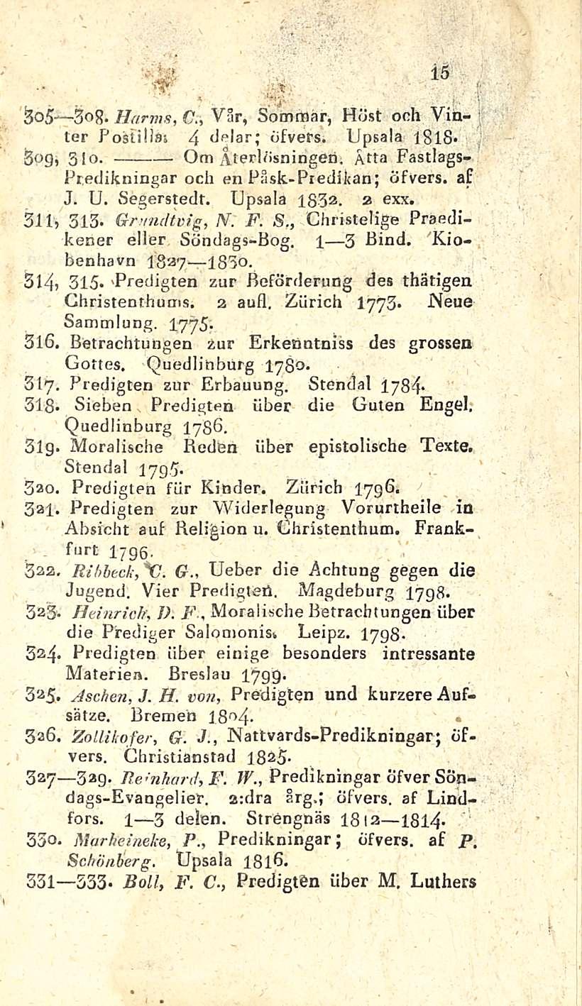 Predigten M t 15, 3o5 Soft. Harma, C., Vår, Sommar, Höst och Vihter Postilia; 4 delar; ofvers. Upsala 18IS* 3og, 310. Om Återlbsningen, Åtta Fastlags- Predikningar och en Päsk-Predikan; ofvers. af J.