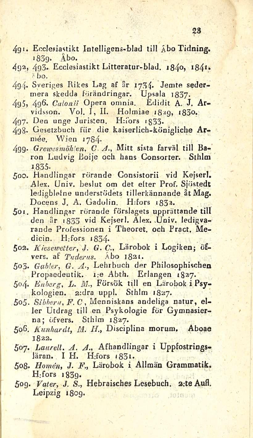 \ 4gi. Eoclesiastikt Intelligens-blad tili ÅboTidning. <839- Åbo. 492, 493. Ecciesiastikt Litteratur-blad. ib4 > I B4 l * fao. 4g4» Syeriges Rikes Lag af år 1734. Jemte sedertnera skedda förändringar.