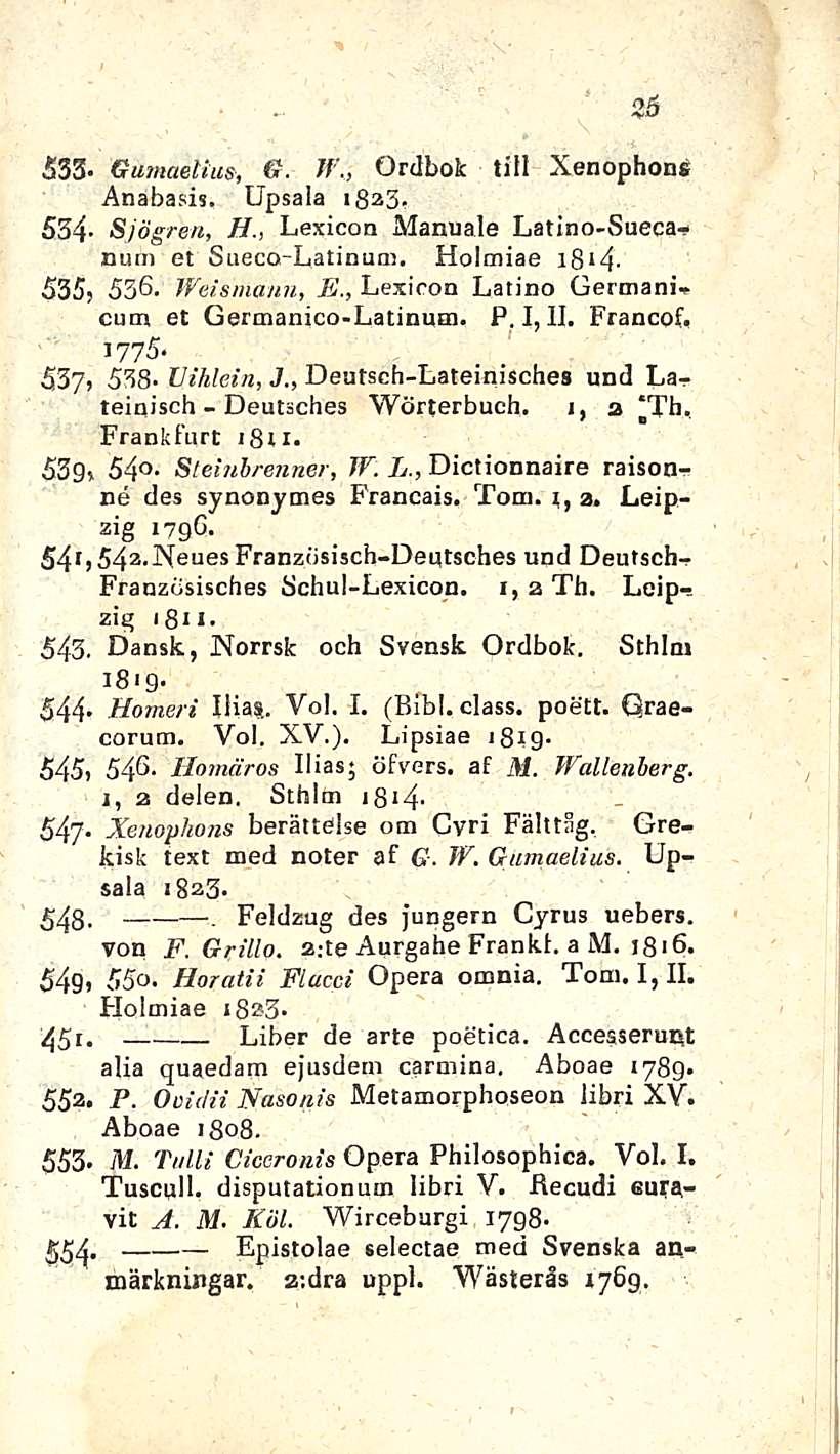 Deutsches 25 33- Gumaetius, G- Jf\, Ordbok tili Xenophons Anabasis. Upsala 18243-534- Sjögren, H., Lexicon Manuale Latino-Sueca- Dum et Sueco-Latinum. Holmiae 18 1 4 35, 536. Weismann, E.