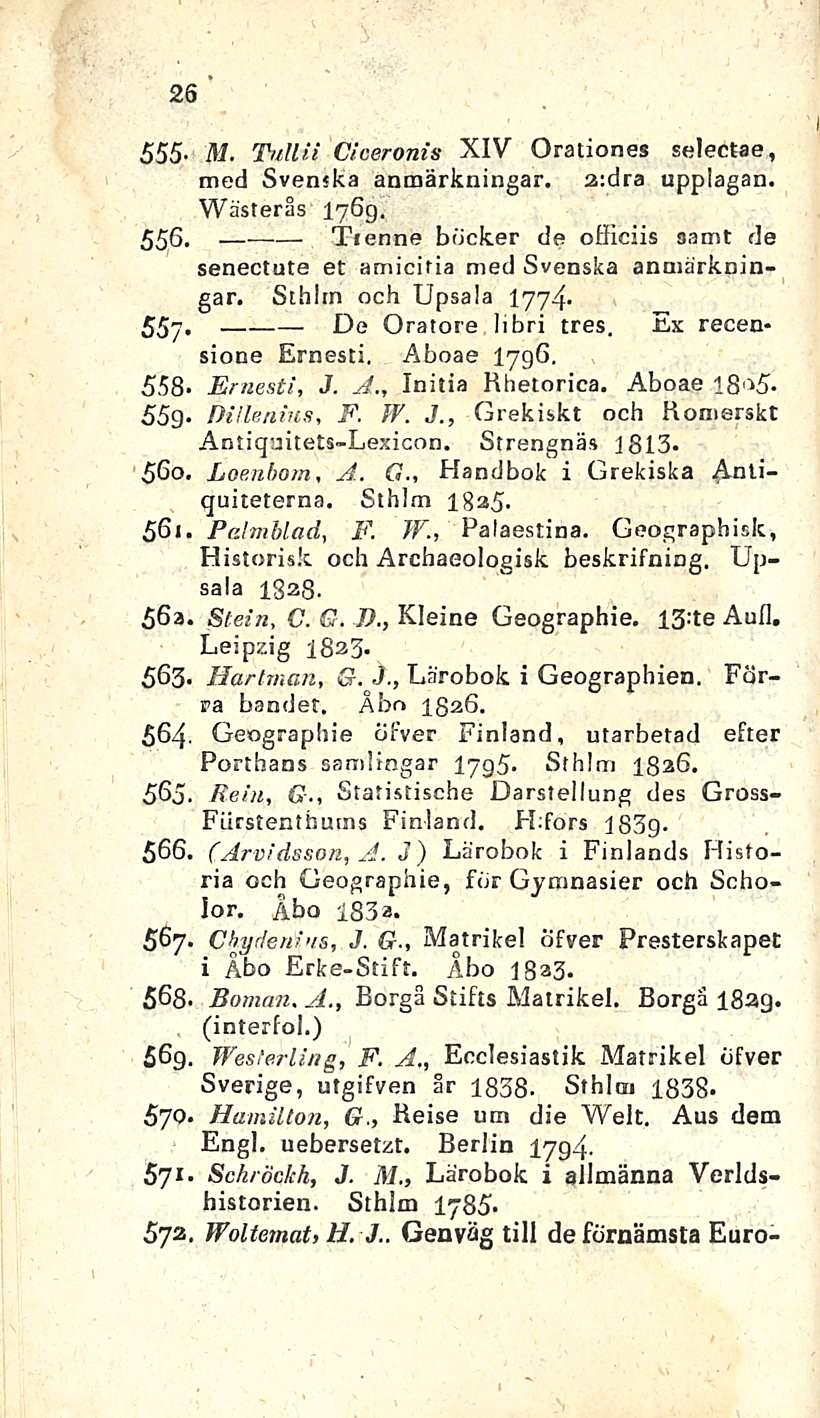 26 M. Tullii Ciceronis XIV Orationes selectae, med Svenska anmärkningar. a:dra upplagan. Wästerås 1769. 556, Tienne böcker de oöiciis samt de senectute et amicitia med Svenska anmärkningar.