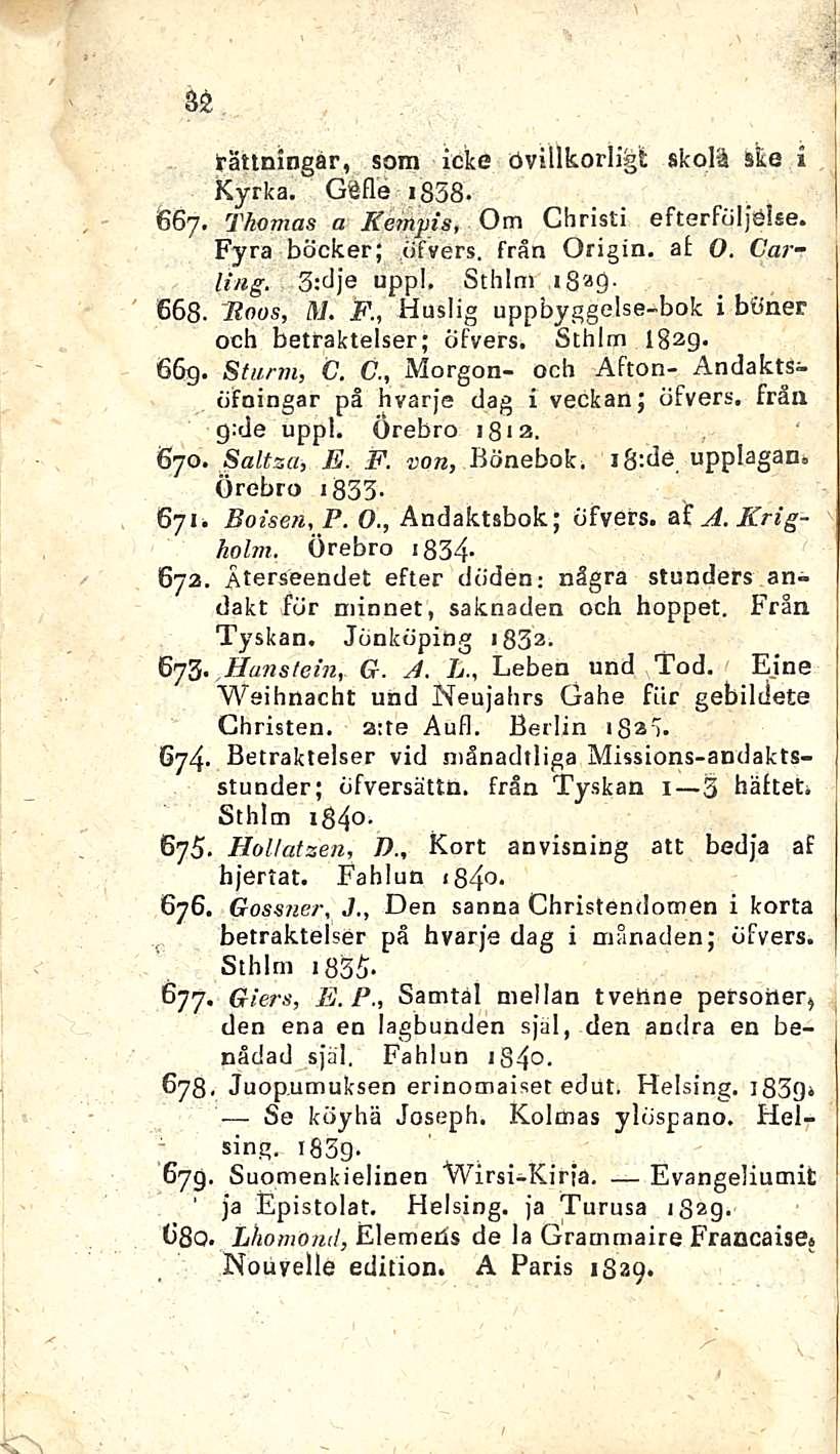 32. Suomenkielinen. Hol/atzen,, Giers,, Juopumuksen. Lhomond, 1 Gossner, tattningar, som icke övillkorligt skolä ske i Kyrka. Göfle ib3b. Thomas a Kertipis, Om G hristi efterföljelse.