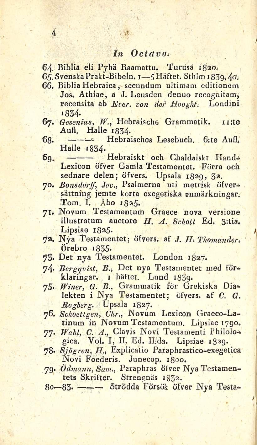 4»* Tn Octävoi 64. Biblia eli Pyhä Raamattu. Tunisä igaö. 65.Svenska Prakt-Bibeln. I SHäftet.1 SHäftet. Sthlm ib39i 4di 66. Biblia Hebraica, secundum ultimam editionem Jos.